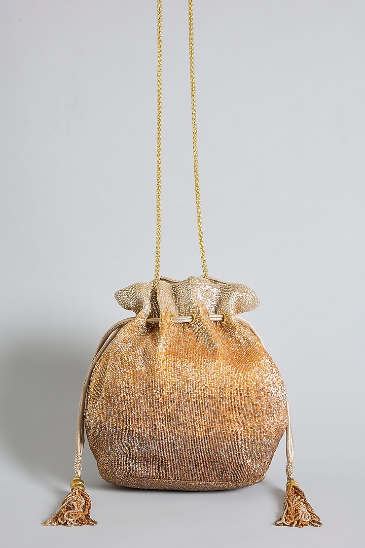 Gold Satin Hand Embroidered Potli by Lovetobag at Pernia's Pop Up Shop