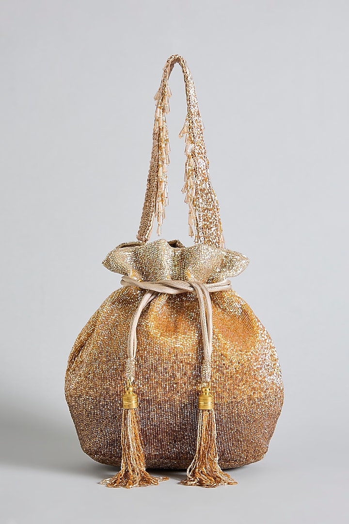 Gold Satin Hand Embroidered Potli by Lovetobag at Pernia's Pop Up Shop