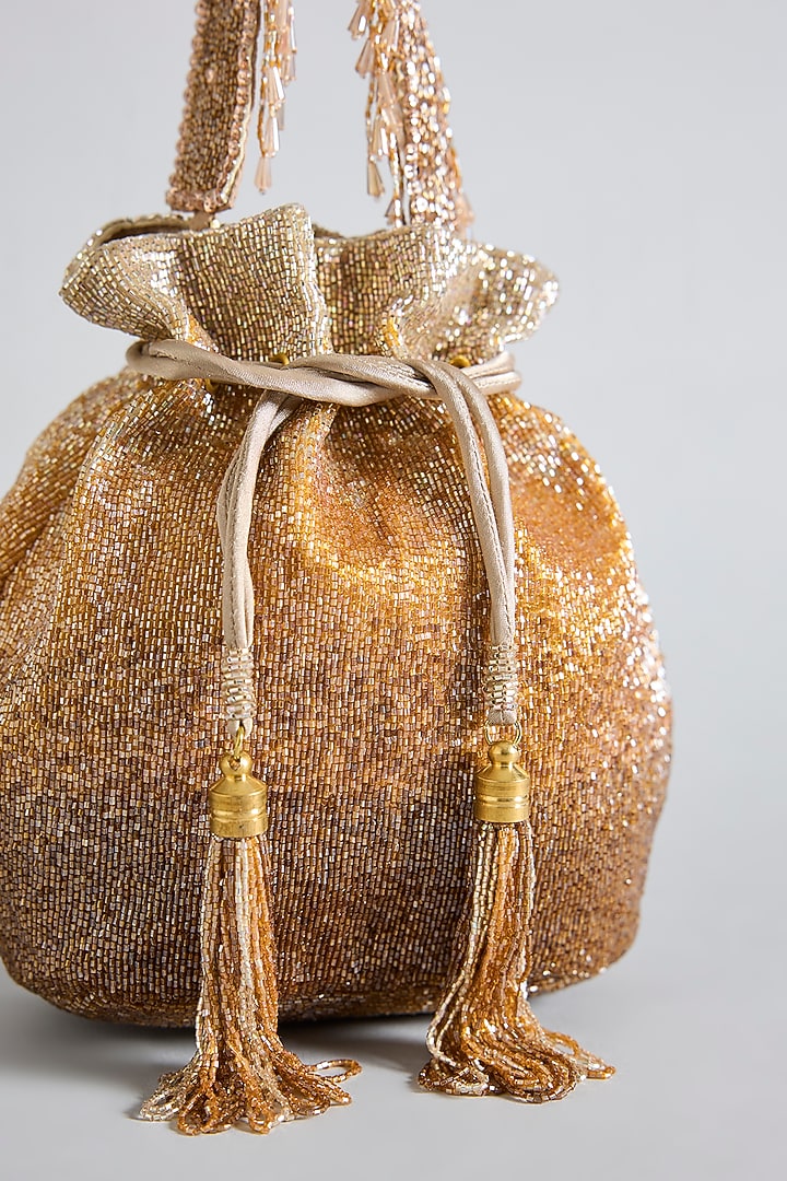 Gold Satin Hand Embroidered Potli by Lovetobag at Pernia's Pop Up Shop