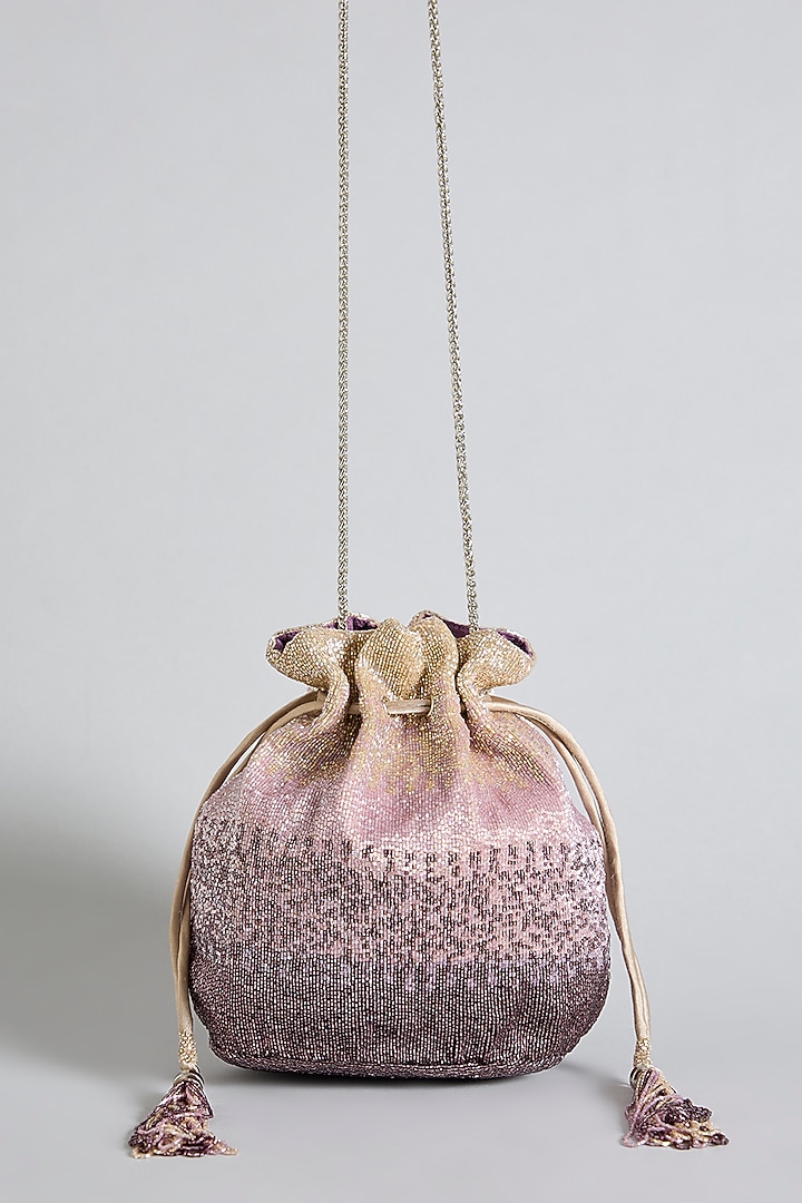 Amethyst Lavender Satin & Soft Suede Hand Embroidered Potli by Lovetobag at Pernia's Pop Up Shop