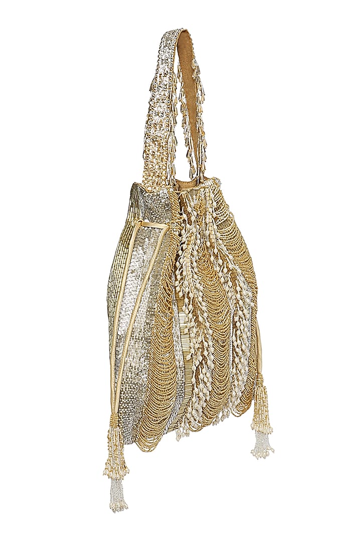 Gold Embroidered Pouch With Tassels by Lovetobag at Pernia's Pop Up Shop
