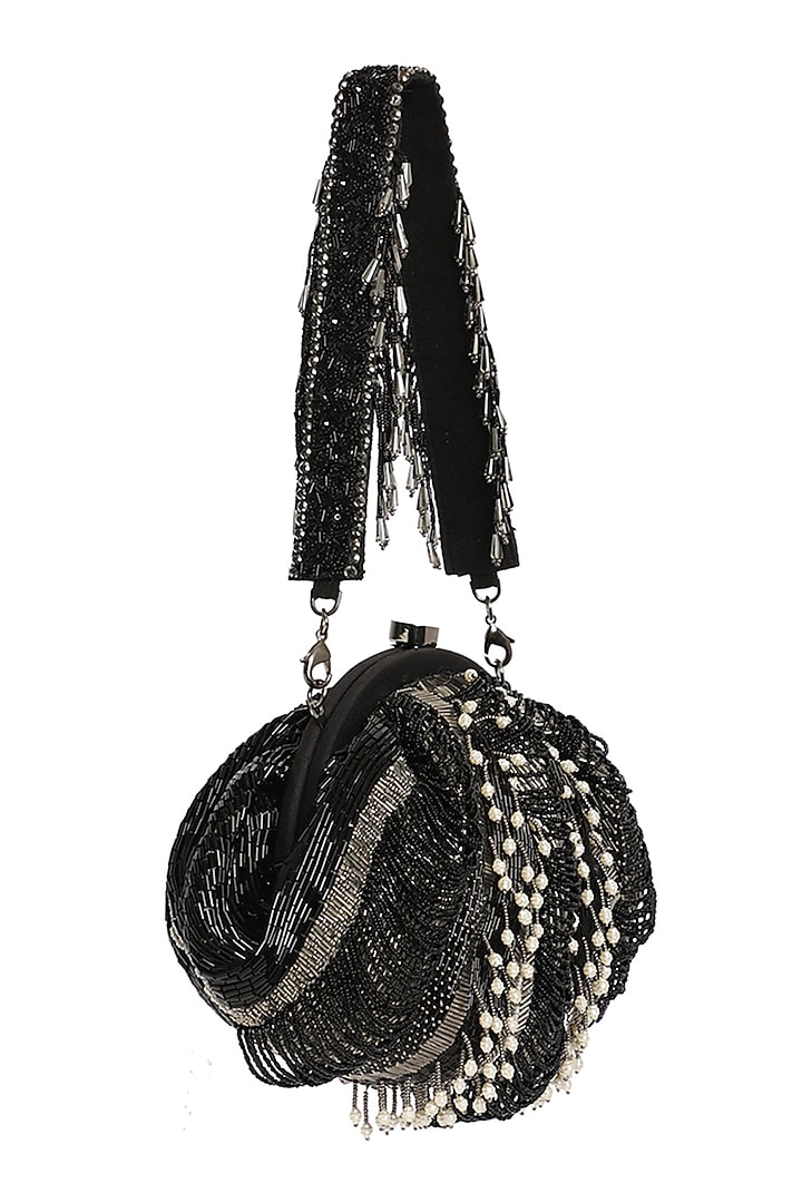 Black Embroidered Pouch With Tassels by Lovetobag at Pernia's Pop Up Shop