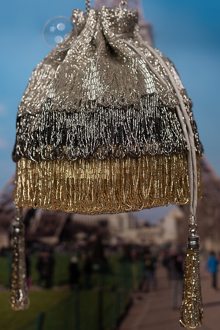 Gold Hand Embroidered Bucket Pouch by Lovetobag at Pernia's Pop Up Shop