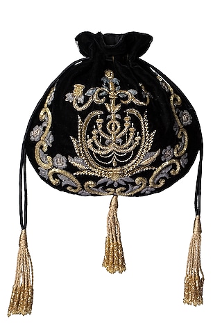 Black Handmade Embroidered Pouch by Lovetobag