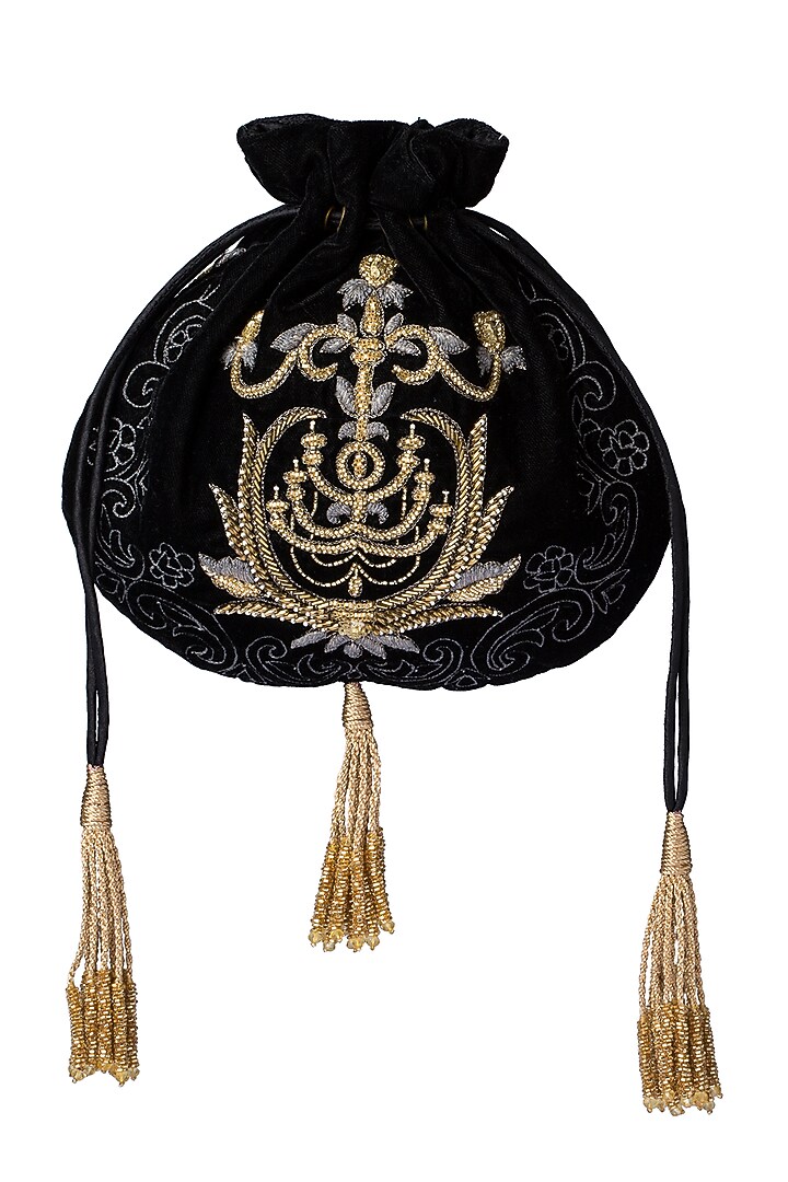 Black Handmade Embroidered Pouch by Lovetobag at Pernia's Pop Up Shop