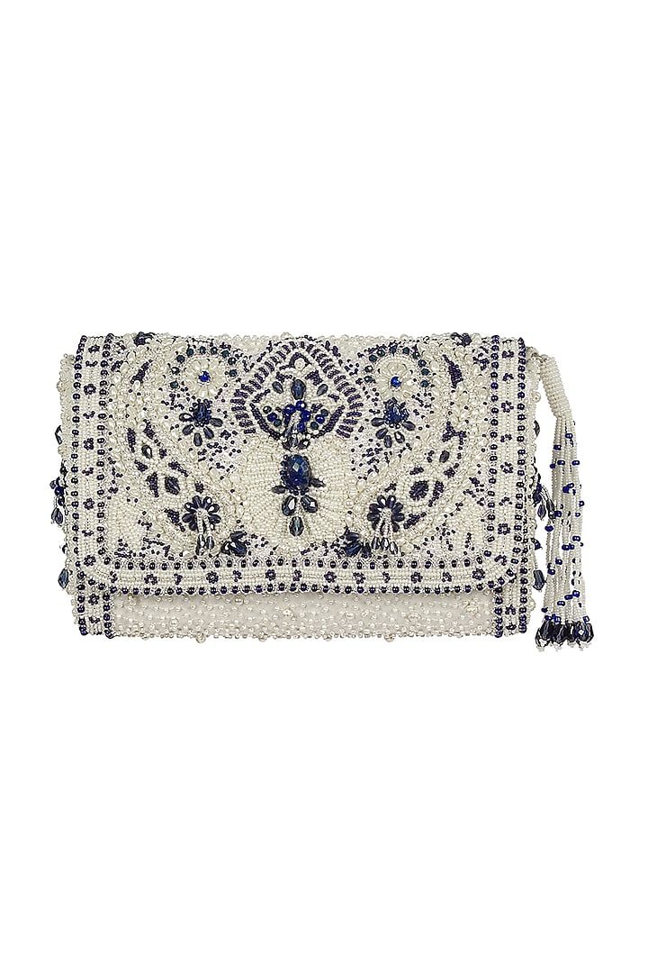 Ivory Handmade Embroidered Flapover Clutch by Lovetobag