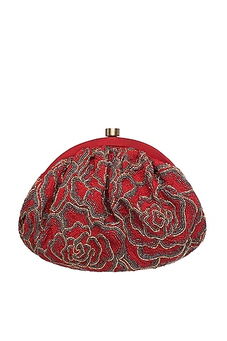Carnelian Red Satin Hand Embroidered Pouch by Lovetobag