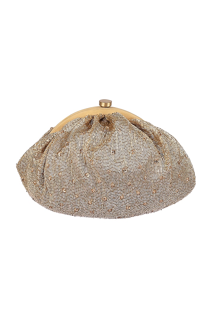 Gold Hand Embroidered Pouch Without Handle by Lovetobag at Pernia's Pop Up Shop