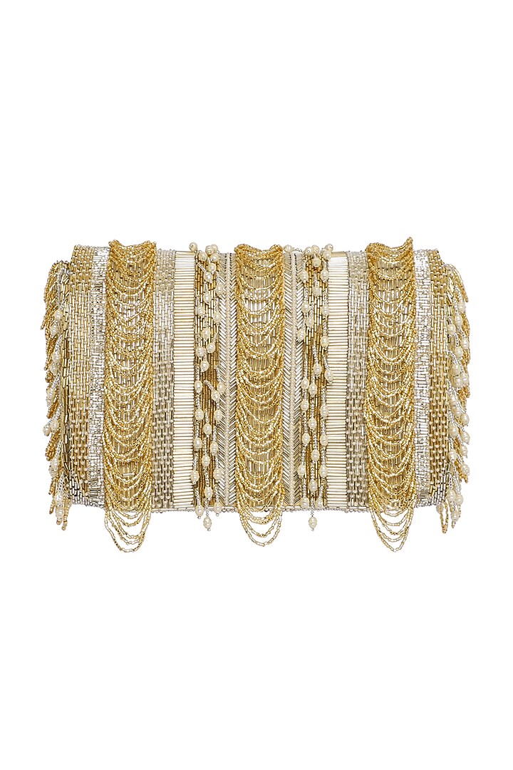 Gold Embroidered Flapover Clutch With Handle by Lovetobag at Pernia's Pop Up Shop