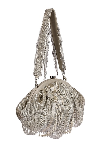 Silver Embroidered Pouch With Handle by Lovetobag