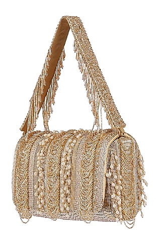 Gold Bead Embroidered Flapover Clutch With Handle by Lovetobag