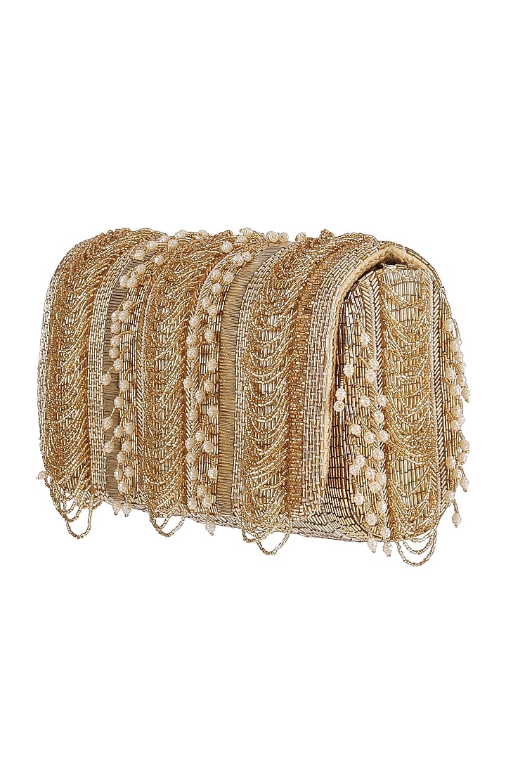 Gold Bead Embroidered Flapover Clutch With Handle by Lovetobag at Pernia's Pop Up Shop