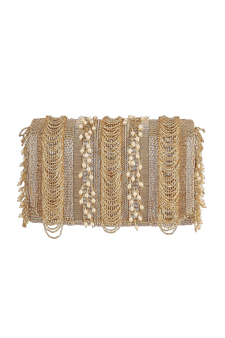 Gold Bead Embroidered Flapover Clutch With Handle by Lovetobag at Pernia's Pop Up Shop