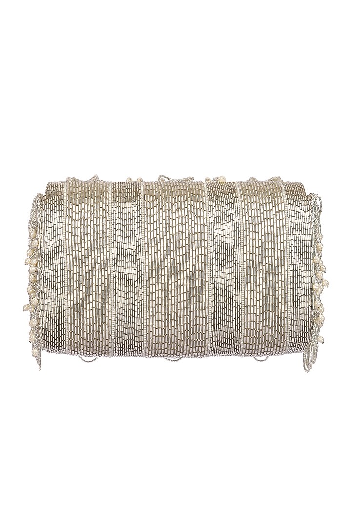 Silver Embroidered Flapover Clutch With Handle by Lovetobag at Pernia's Pop Up Shop