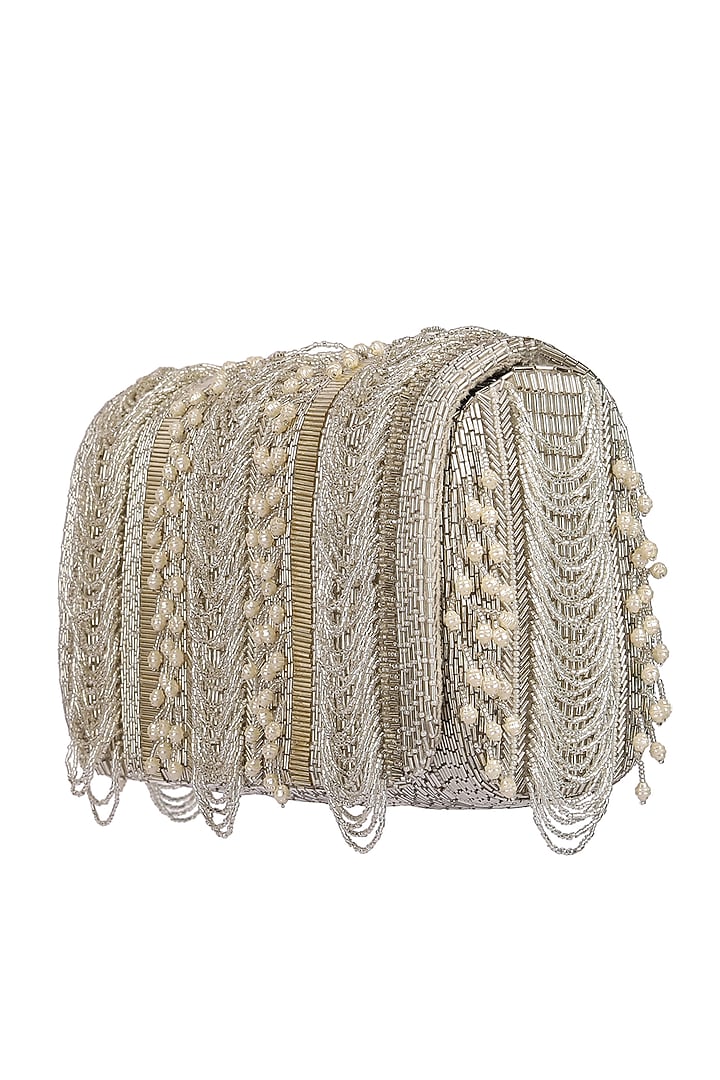 Silver Embroidered Flapover Clutch With Handle by Lovetobag at Pernia's Pop Up Shop