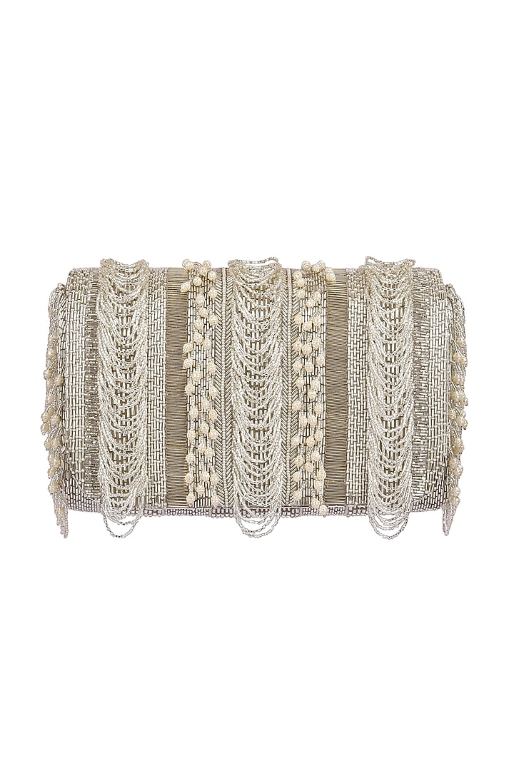Silver Embroidered Flapover Clutch With Handle by Lovetobag at Pernia's Pop Up Shop