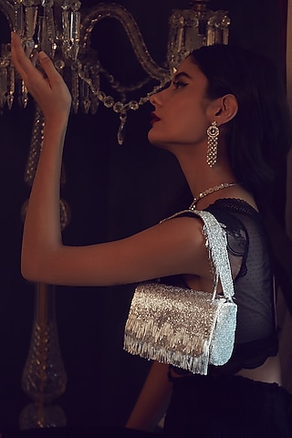 Silver Bead Embroidered Flapover Clutch With Handle by Lovetobag