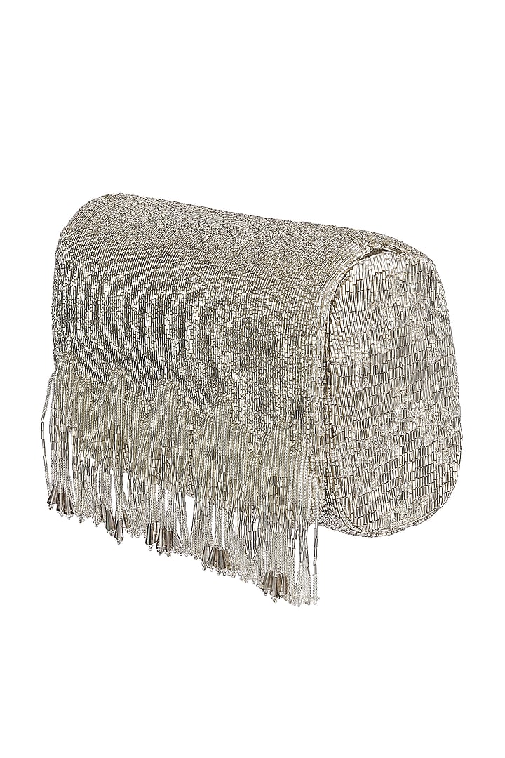 Silver Bead Embroidered Flapover Clutch With Handle by Lovetobag at Pernia's Pop Up Shop