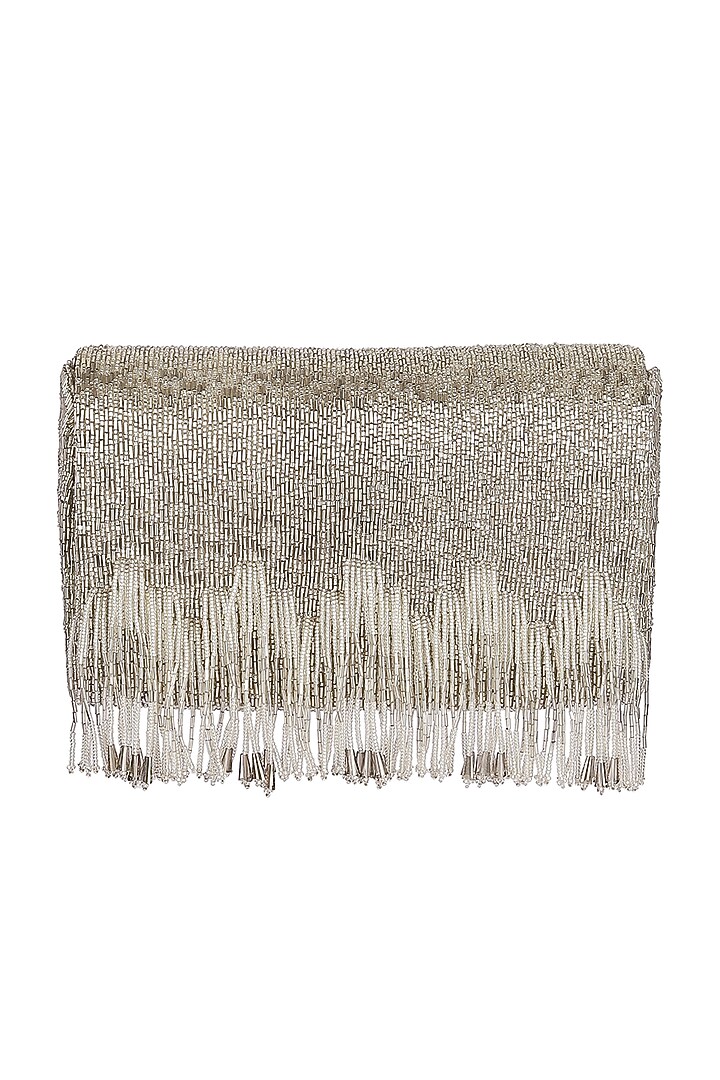 Silver Bead Embroidered Flapover Clutch With Handle by Lovetobag at Pernia's Pop Up Shop
