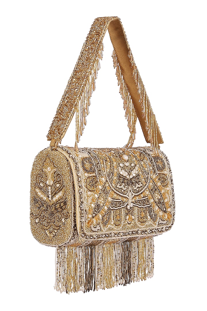 Gold Embroidered Flapover Clutch With Long Handle by Lovetobag