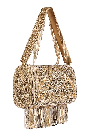 Gold Embroidered Flapover Clutch With Long Handle by Lovetobag