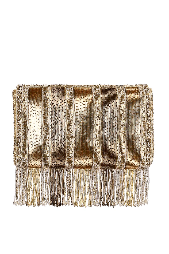 Gold Embroidered Flapover Clutch With Long Handle by Lovetobag at Pernia's Pop Up Shop