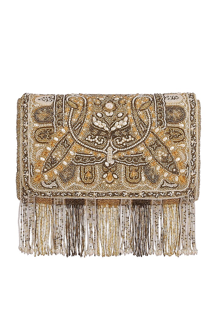 Gold Embroidered Flapover Clutch With Long Handle by Lovetobag at Pernia's Pop Up Shop