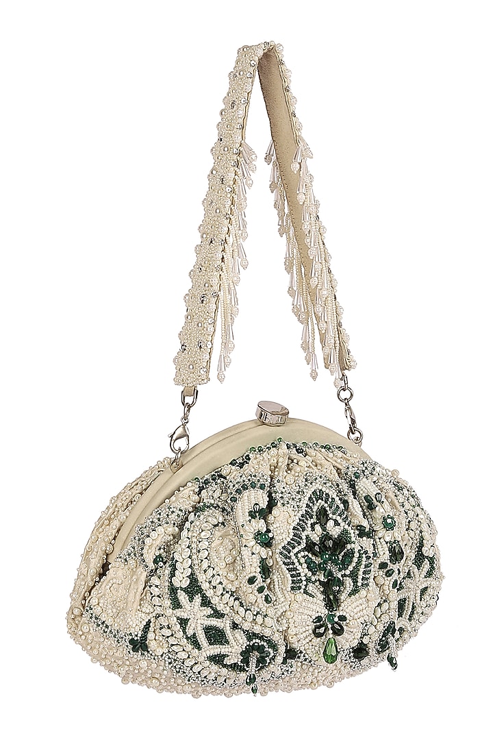 Emerald Green Embroidered Pouch With Handle by Lovetobag at Pernia's Pop Up Shop