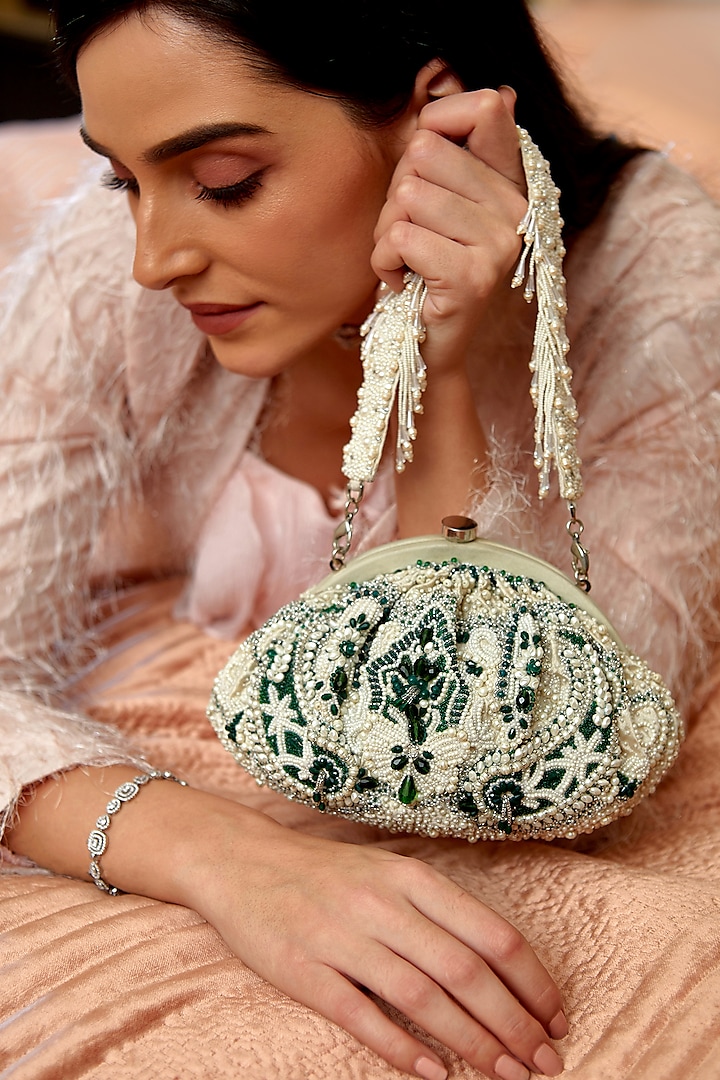 Emerald Green Embroidered Pouch With Handle by Lovetobag at Pernia's Pop Up Shop