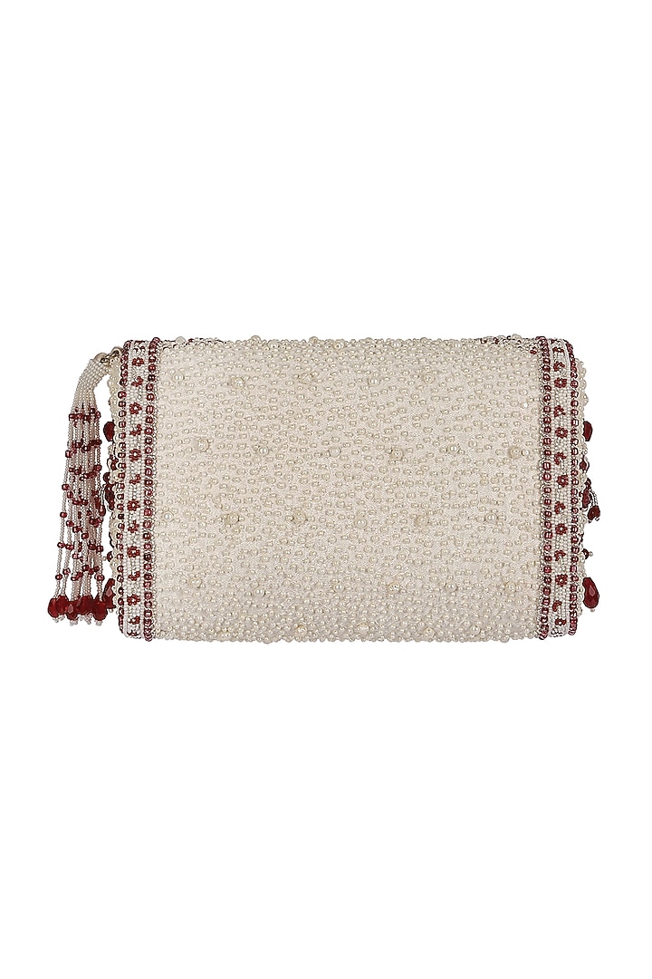 Ruby Red Embroidered Flapover Clutch With Handle by Lovetobag at Pernia's Pop Up Shop