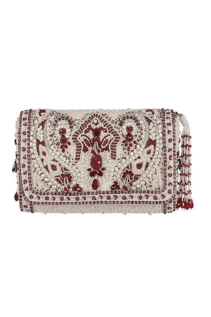 Ruby Red Embroidered Flapover Clutch With Handle by Lovetobag at Pernia's Pop Up Shop