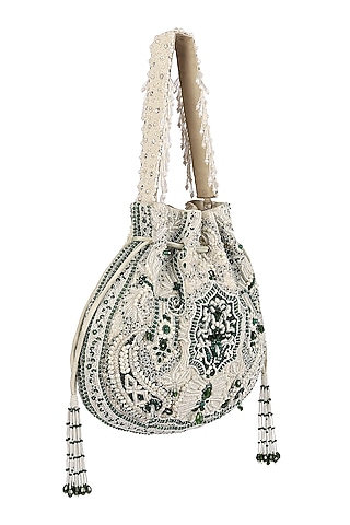 Emerald Green Pearl Embroidered Pouch With Handle by Lovetobag