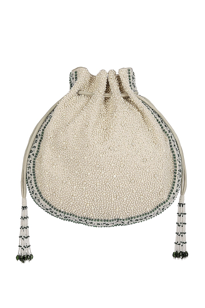 Emerald Green Pearl Embroidered Pouch With Handle by Lovetobag at Pernia's Pop Up Shop
