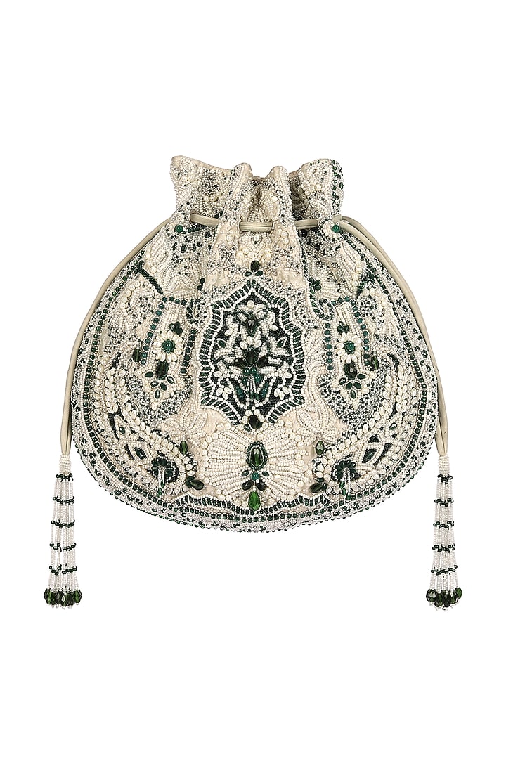 Emerald Green Pearl Embroidered Pouch With Handle by Lovetobag at Pernia's Pop Up Shop