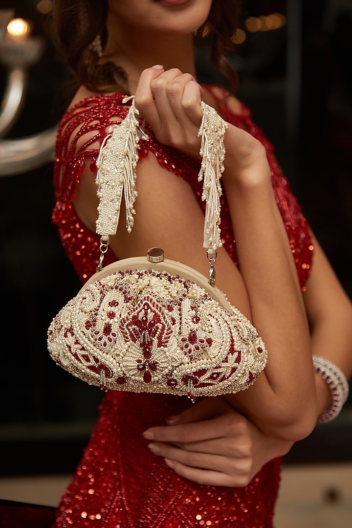 Ruby Red Hand Embroidered Pouch With Handle by Lovetobag at Pernia's Pop Up Shop