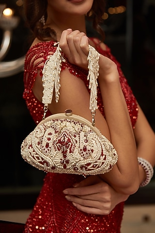 Ruby Red Hand Embroidered Pouch With Handle by Lovetobag