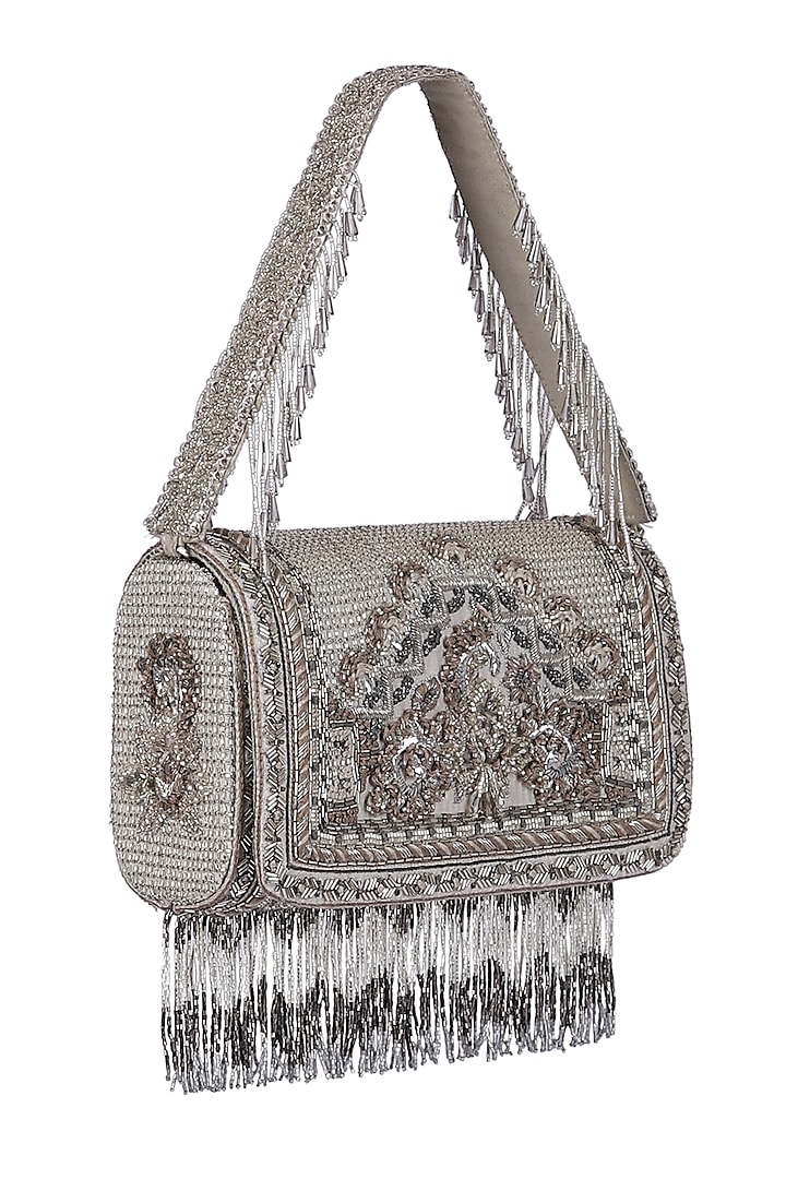 Silver Tassel Embroidered Flapover Clutch With Handle by Lovetobag