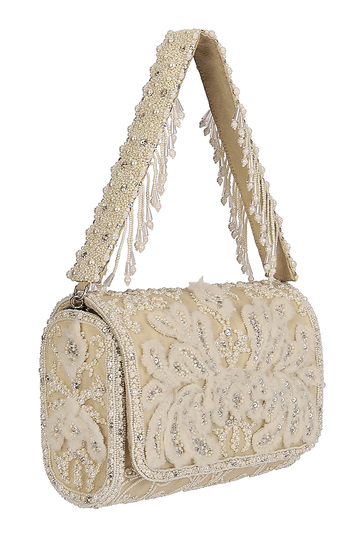 Ivory Embroidered Flapover Clutch With Handle by Lovetobag