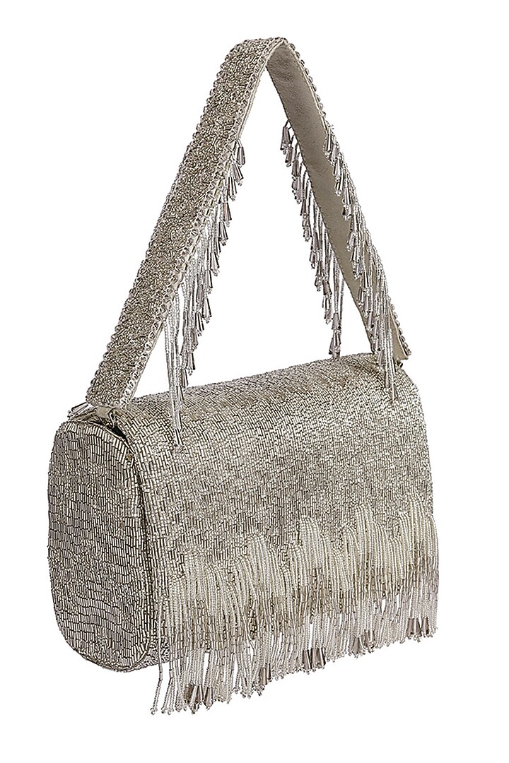 Lustrous Silver Embroidered Flapover Clutch by Lovetobag at Pernia's Pop Up Shop