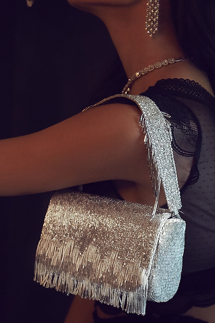 Lustrous Silver Embroidered Flapover Clutch by Lovetobag at Pernia's Pop Up Shop