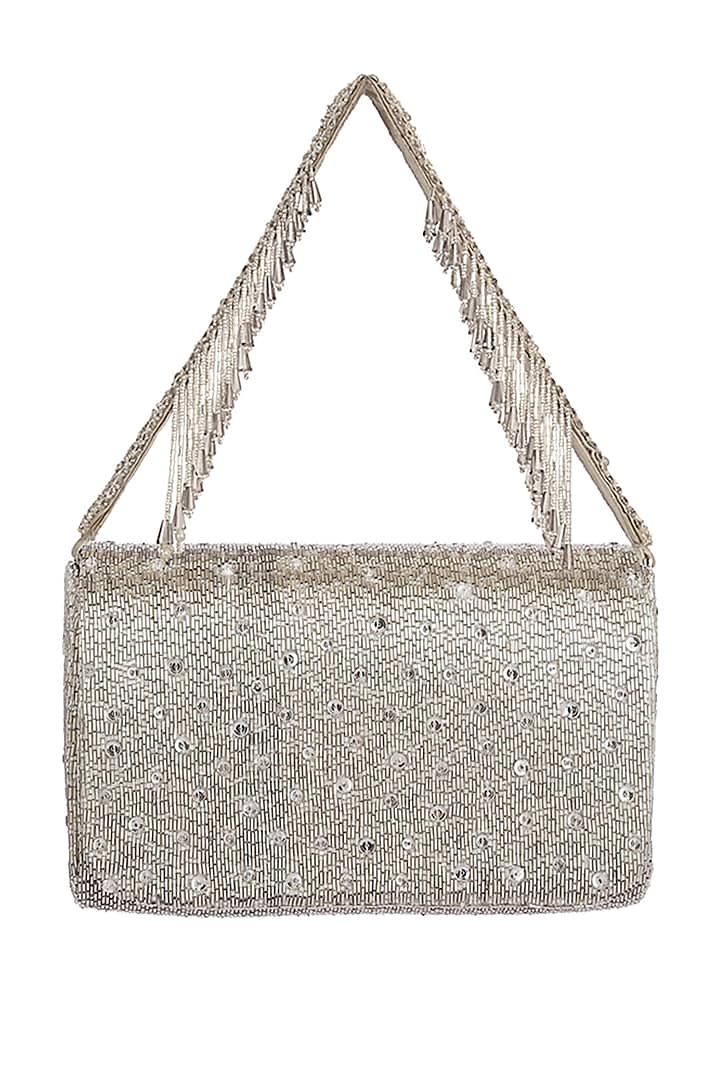 Lustrous Silver Hand Embroidered Flapover Clutch by Lovetobag