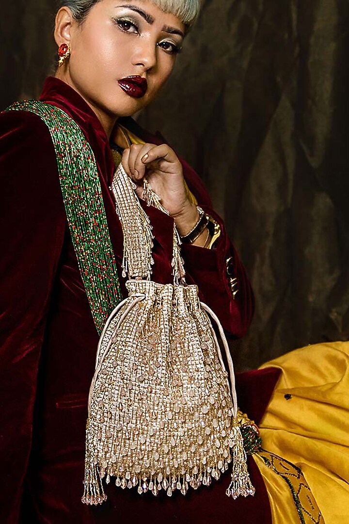 Rose Quartz Pink Embroidered Opal Potli by Lovetobag at Pernia's Pop Up Shop