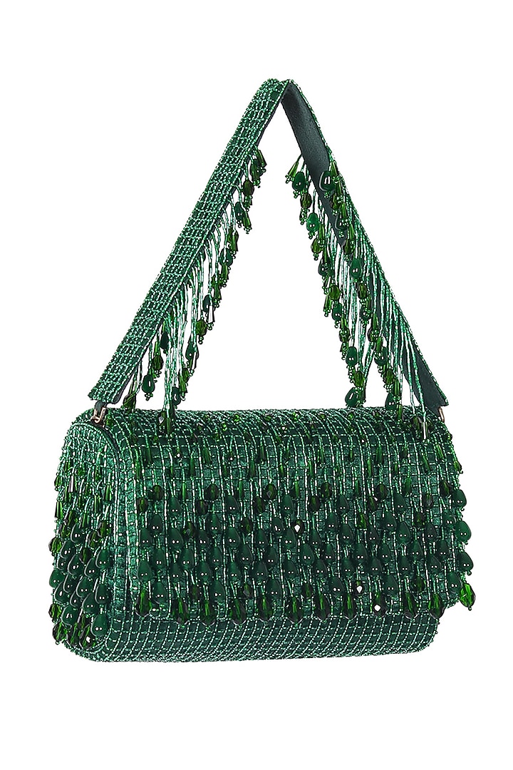 Emerald Green Hand Embroidered Pouch With Handle by Lovetobag at Pernia's Pop Up Shop
