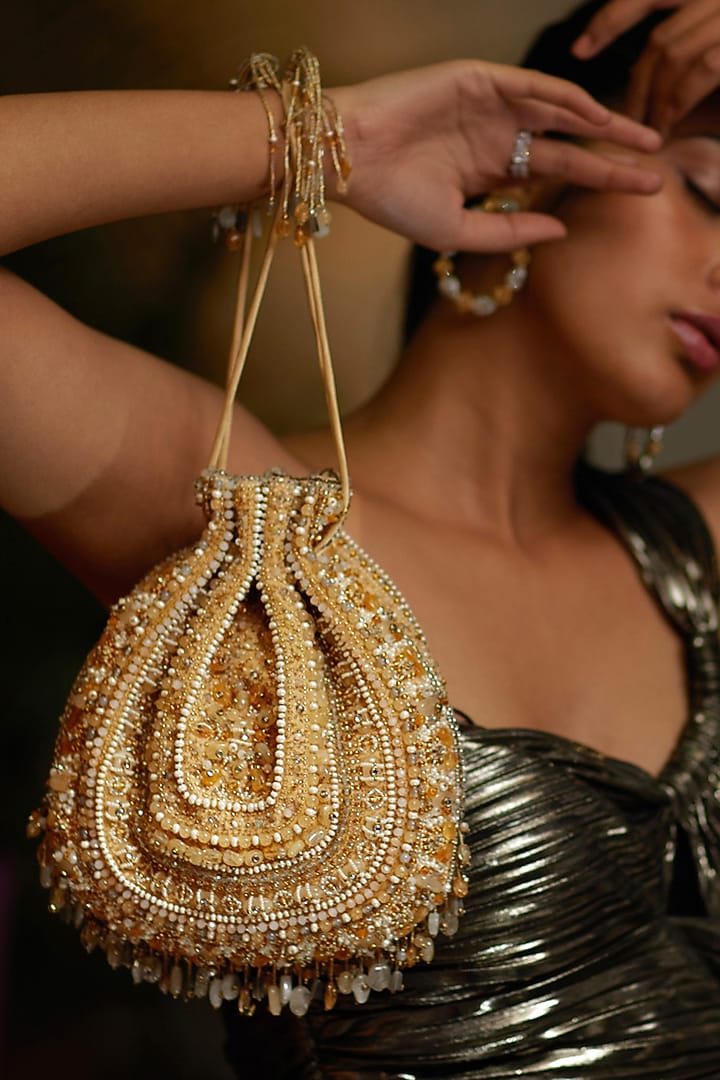 Gold & Silver Embroidered Potli With Handle by Lovetobag at Pernia's Pop Up Shop