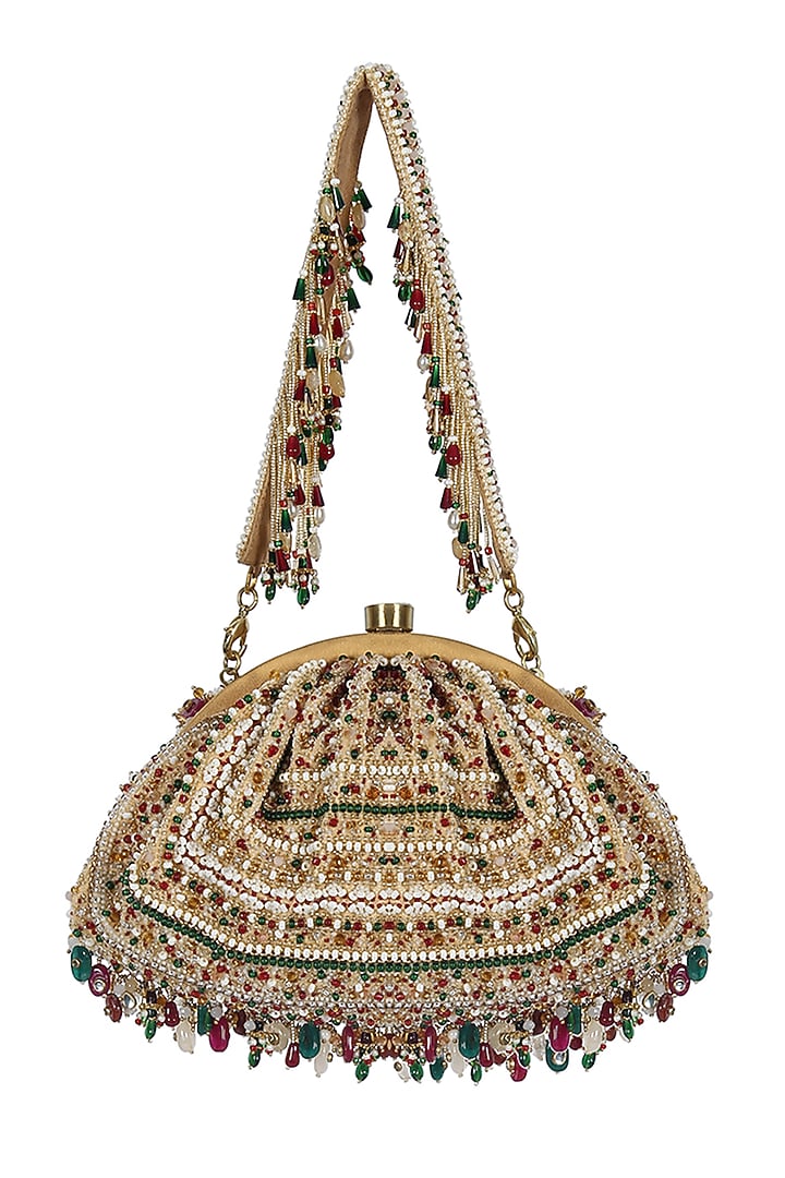 Gold Embroidered Pouch With Handle by Lovetobag at Pernia's Pop Up Shop