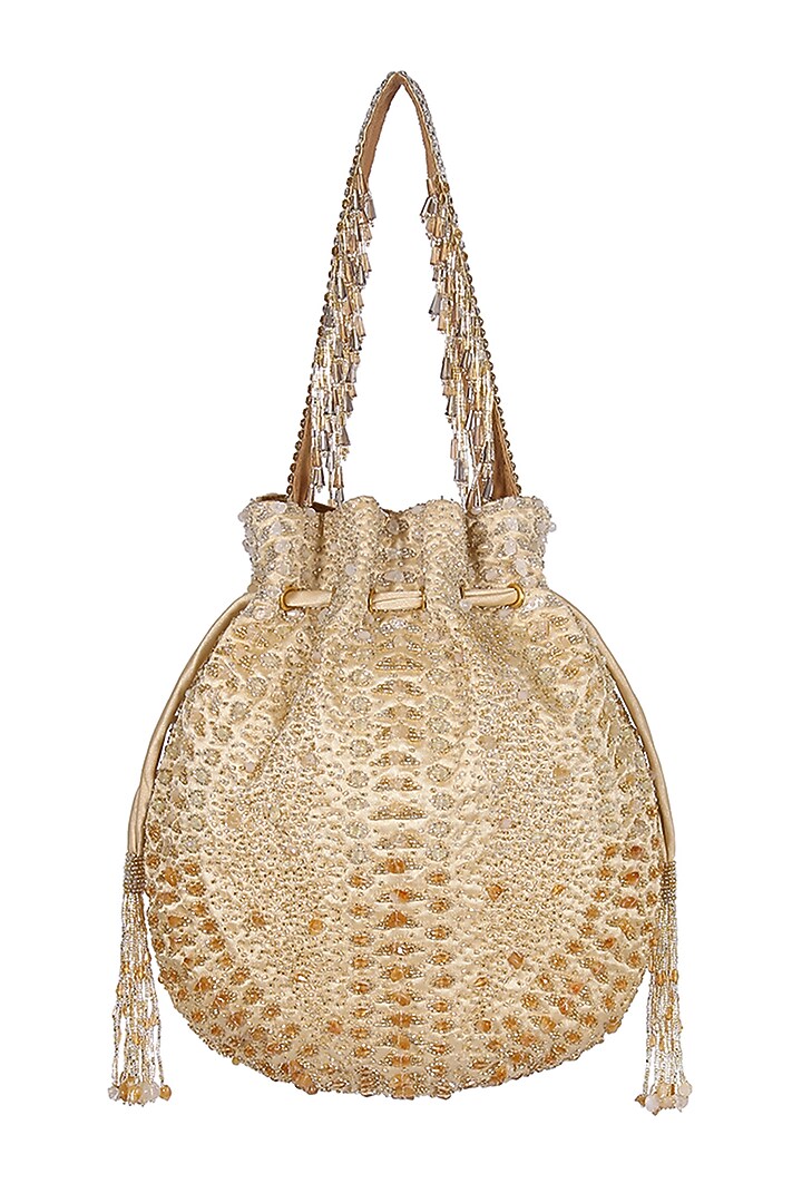 Gold Satin Embroidered Polti With Handle by Lovetobag at Pernia's Pop Up Shop