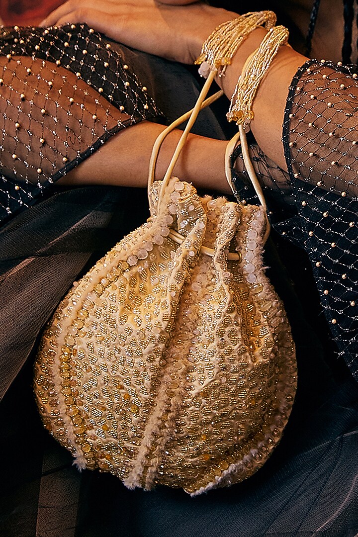 Gold Satin Embroidered Polti With Handle by Lovetobag at Pernia's Pop Up Shop
