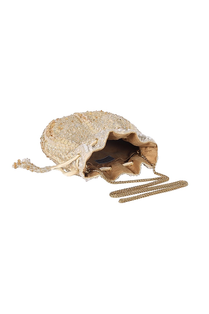 Gold Satin Embroidered Polti With Handle by Lovetobag at Pernia's Pop Up Shop