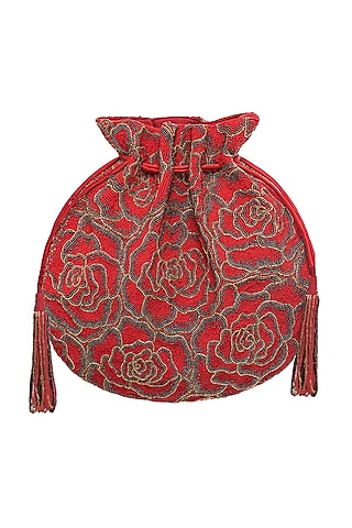 Carnelian Red Satin Hand Embroidered Potli by Lovetobag