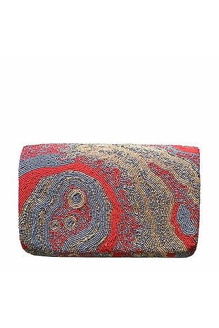 Carnelian Red Satin Hand Embroidered Flapover Clutch by Lovetobag